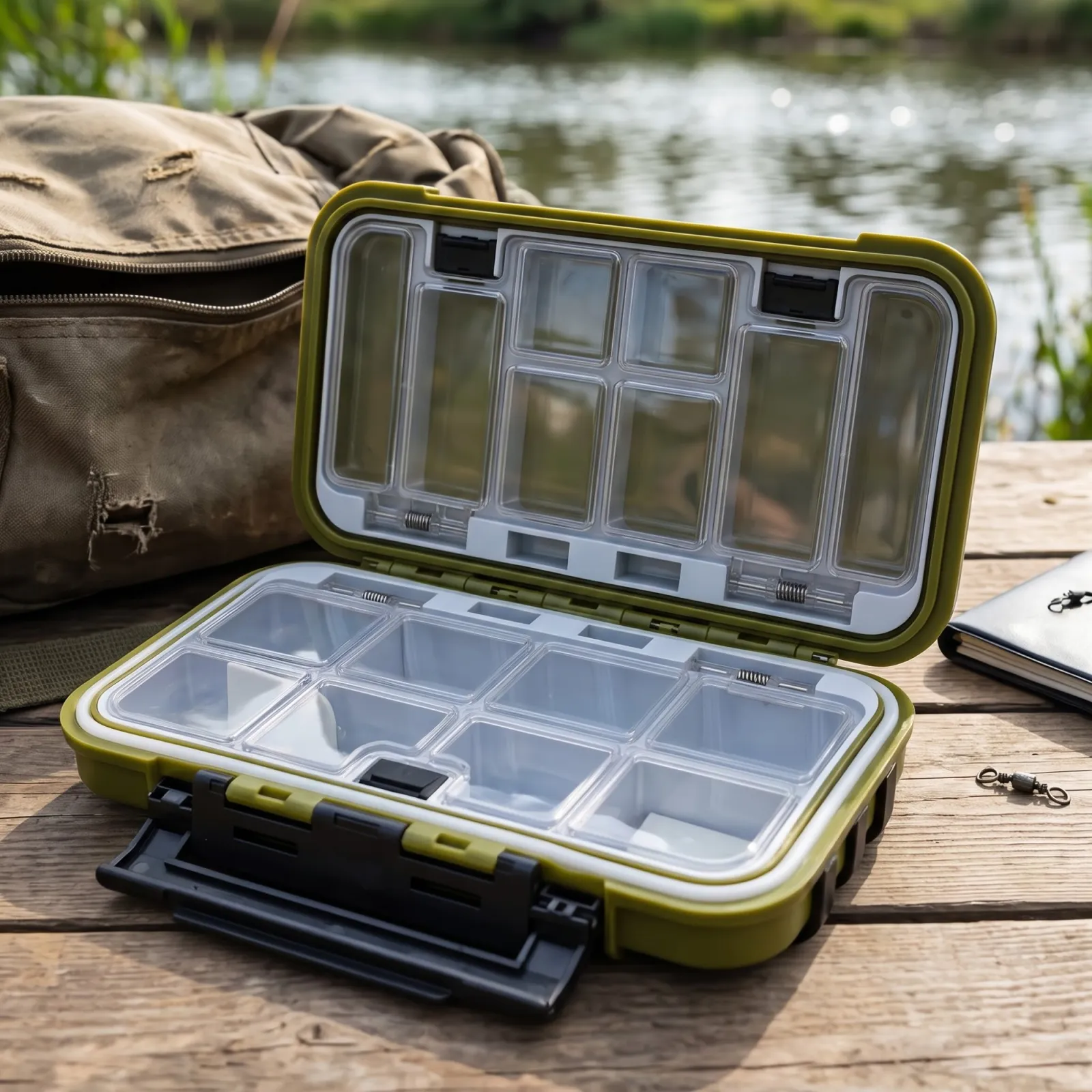 Двустранна водоустойчива кутия за риболовни принадлежности, маслинено зелена, с прозрачни капачета на отделенията