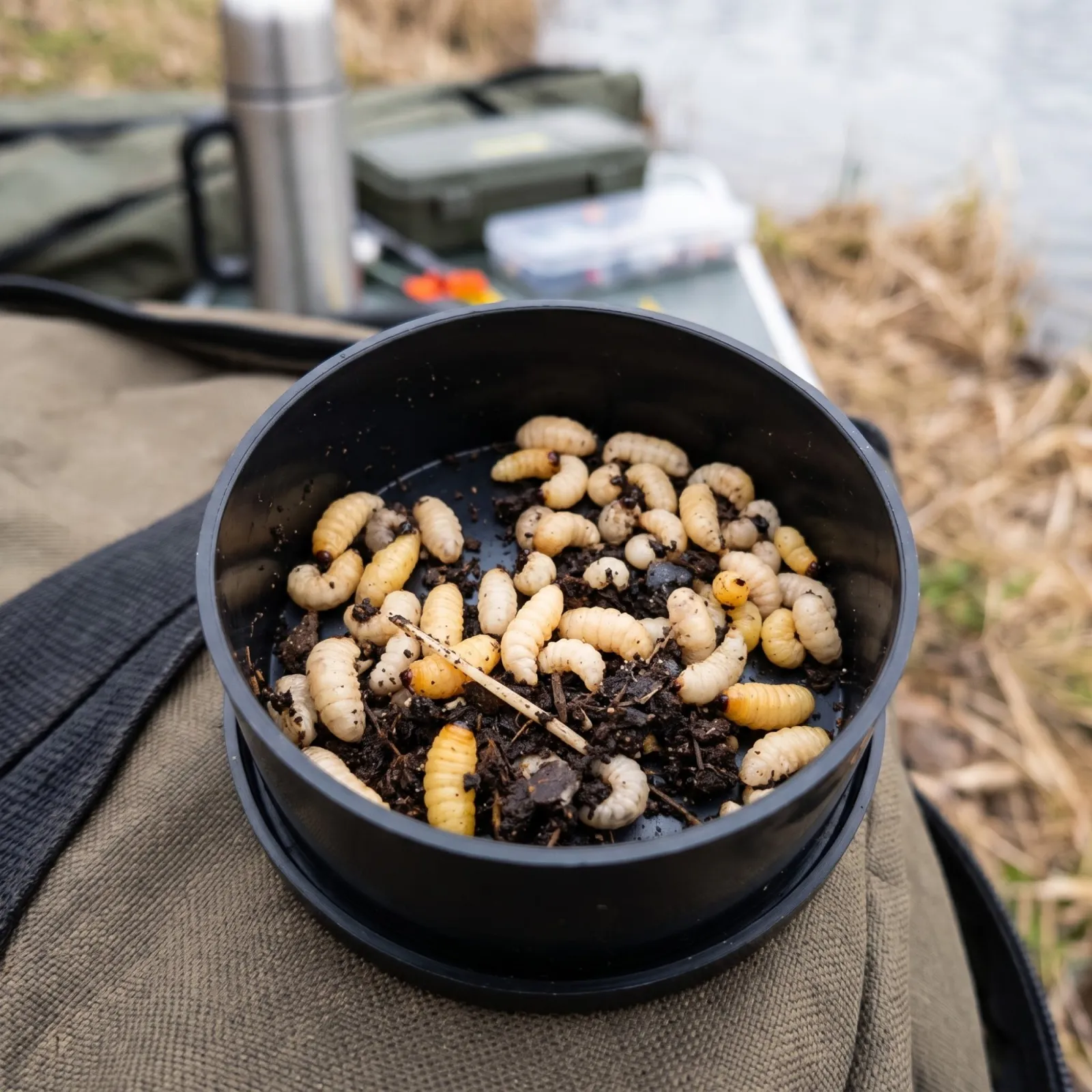Естествена жива стръв от едри жълъдови червеи в малки черни пластмасови кутийки с тъмен субстрат на витрина в магазин